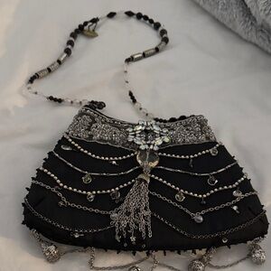 Mary Frances Beaded Black Evening Bag with Crystal Tassel